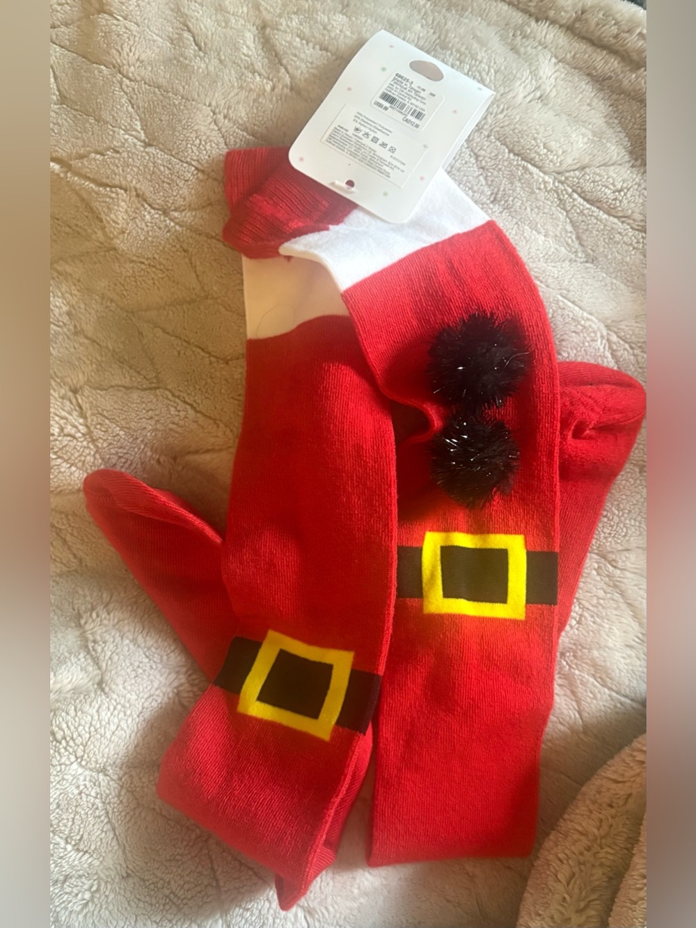 Kids Red Santa Belt Knee High Socks with Pom Accent. New With Tags